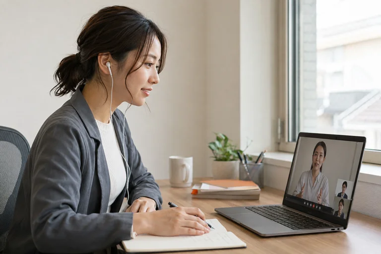 自然光の入る席で女性が講師と参加者の映る双方向オンライン研修を受けノートを取る場面