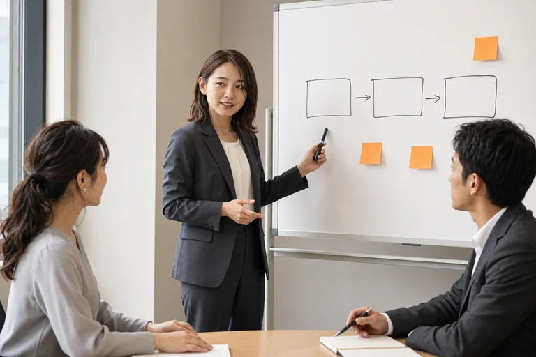 女性の発表者が業務フローをホワイトボードで説明し二人の参加者が聞くワークショップ